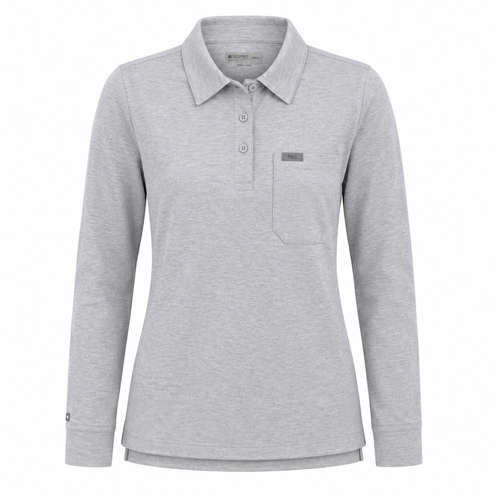 FIGS PRO Technical Pique Long Sleeve Scrub Polo Heather Grey XS medical nurse